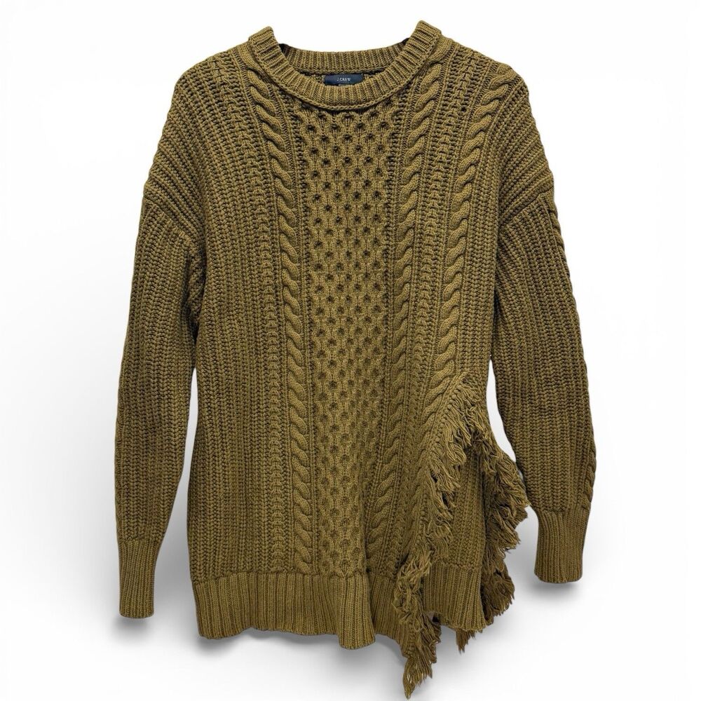 J Crew Oversized Cableknit Fringe Side Slit Sweater Size M Wool Blend Knit Green